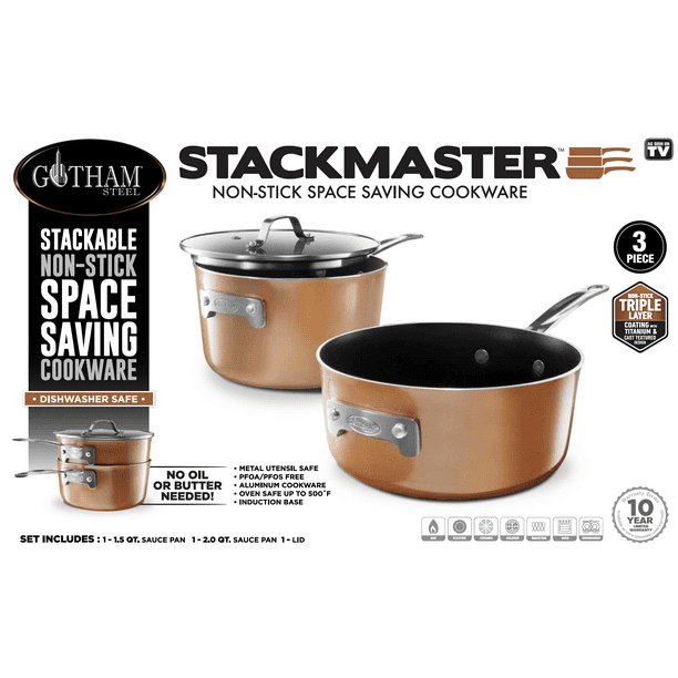 Gotham Steel Stackable Pots and Pans Stackmaster 3 Piece Cookware Set