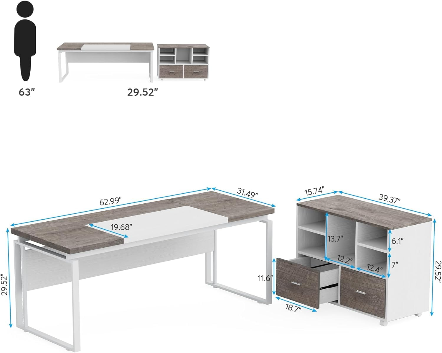 L-Shaped Executive Desk with Reversible File Cabinet, 3" Office Desk with Storage Drawers, Gray & White