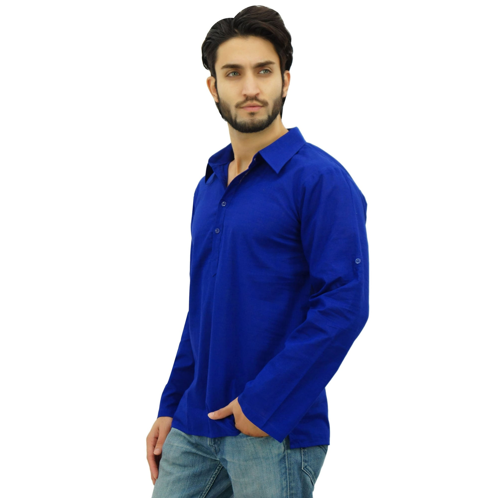 Atasi Men s Kurta Roll Over Blue Shirt Collar Neck Ethnic Indian Clothing XX Large