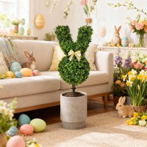 ValHome 2PCS Easter Bunny Topiary Tree - 29" Rabbit Faux Boxwood Premium Artificial Garden Topiary Yard Decoration with Bow - Outdoor Lawn Stake for Spring, Easter Pathway & Porch Decorations Red