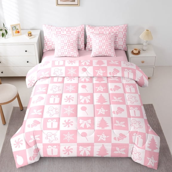 Castle Fairy Gingerbread Man Girl 7-Piece Twin Bedding Sets,Christmas Tree Bowknot Bedding Comforter Set,Geometric Lattice Breathable Sheet Sets,Lightweight Room Decor