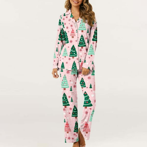 Mifsaly Christmas Pajama Sets for Women Xmas Trees Print Loose 2 Piece Pjs Long Sleeve V-Neck Sleepwear Lapel Button Down Nightwear High Waist Wide Leg Pants with Pockets 2025 Holiday Homewear