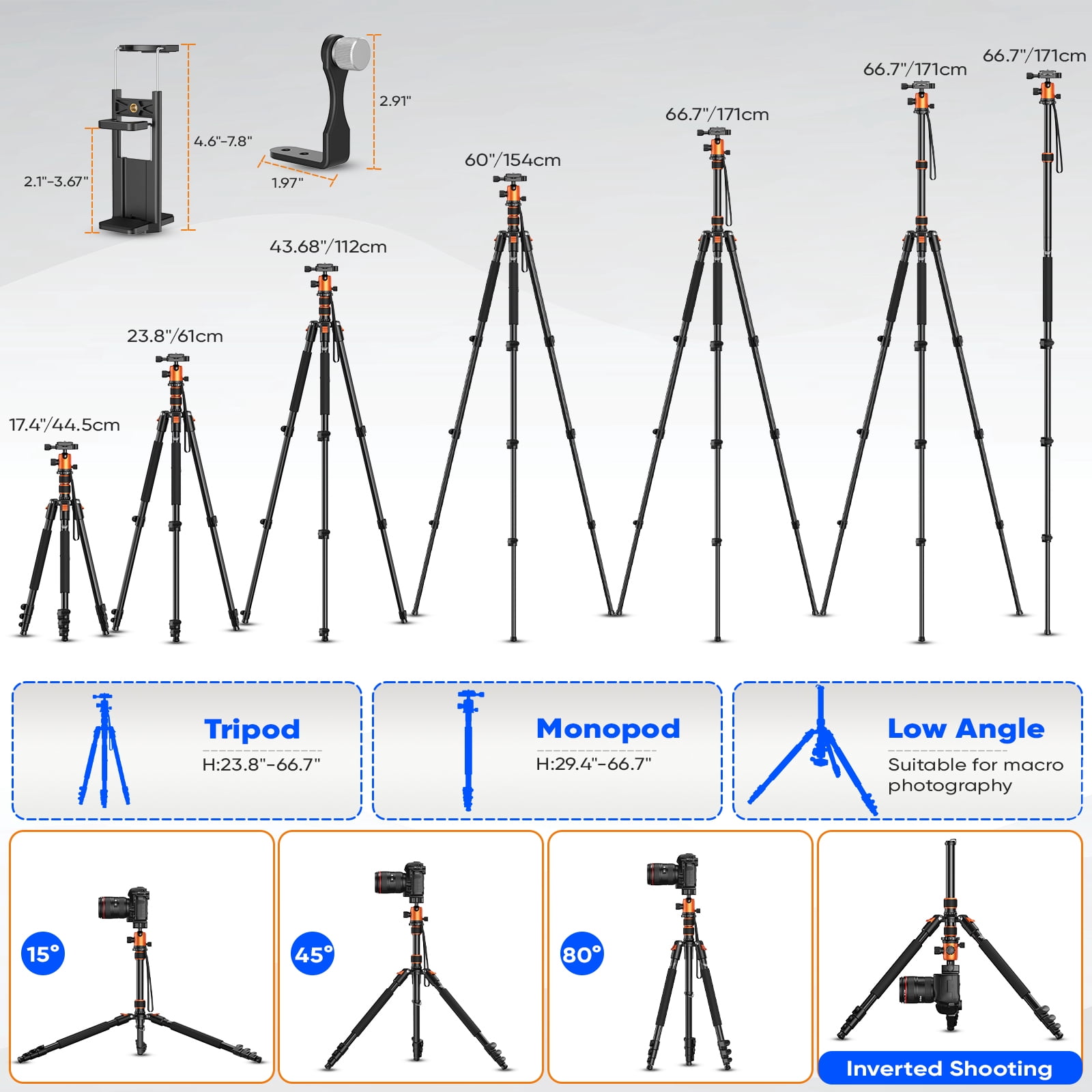 BEBANG 67" Camera Tripod for DSLR Cameras, Aluminum Travel Tripod with Monopod, 360° Ball Head, 17.6lb Load Capacity, Lightweight DSLR Tripod