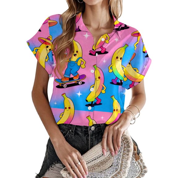 adaychics Hawaiian Shirt for Women Banana Print Funny Button Down Shirts Summer Casual Tops Everyday Wear