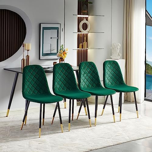Velvet Green Dining Chairs Set of 4 - Upholstered Kitchen & Dining Room Chairs with Metal Legs, Mid-Century Modern Chairs for Living Room Dining Room Kitchen Bedroom