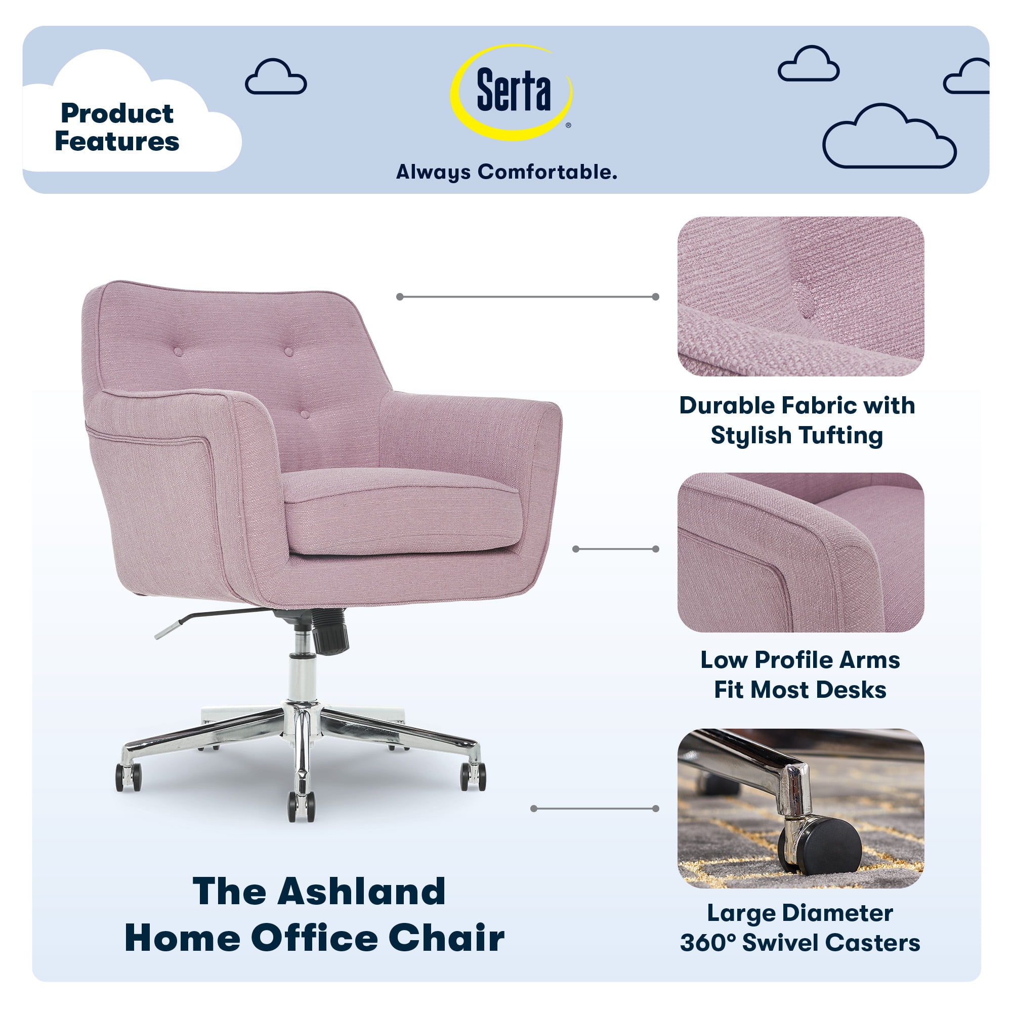 Serta Ashland Home Office Desk Chair with Button Tufted Mid-Back, Memory Foam Cushion and Padded Arms, Mid Century Modern Vanity Armchair with Wheels for Bedroom, Chrome Metal Base, Lilac
