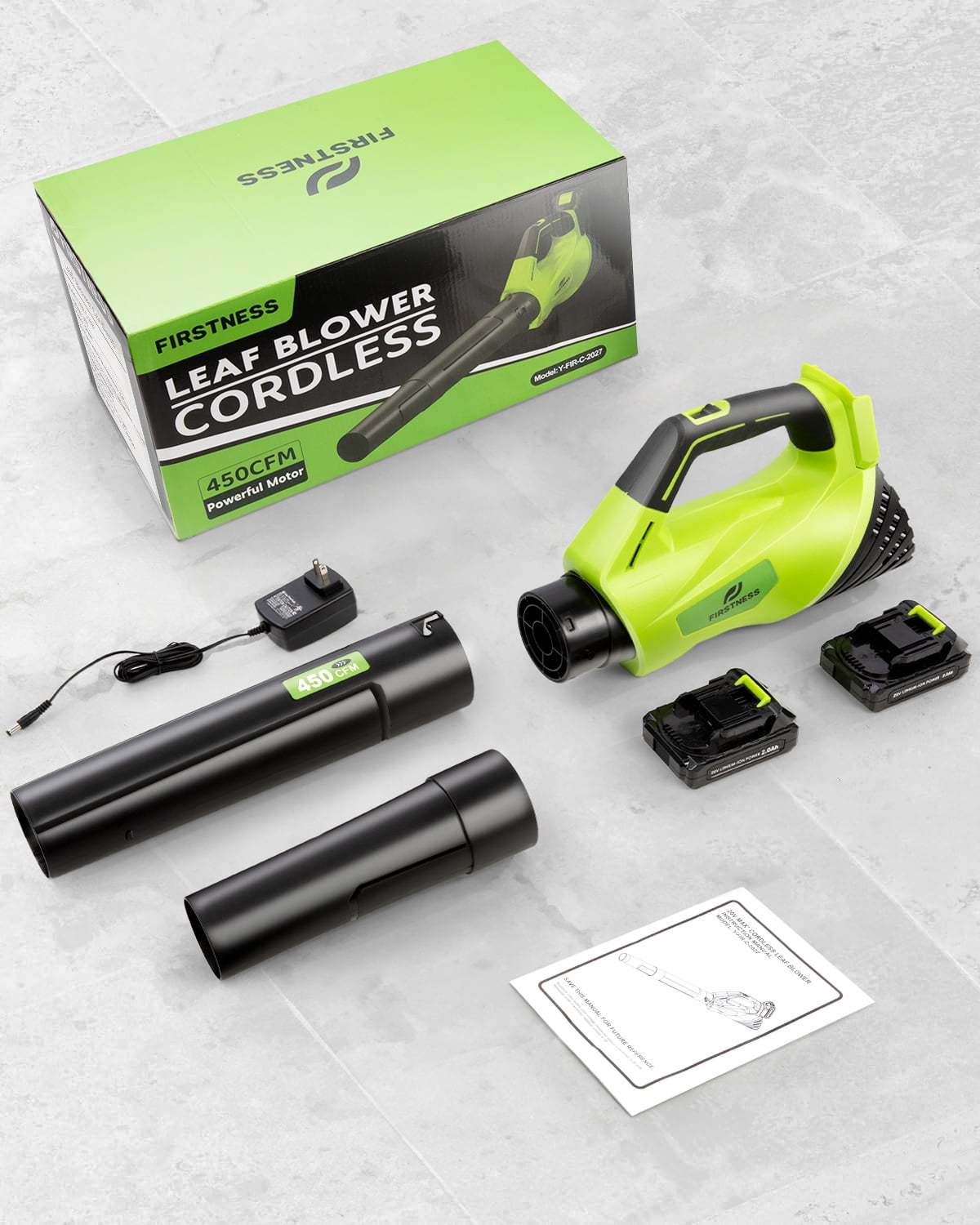 Firstness Cordless Leaf Blower, 20V Leaf Blower with 2 Batteries & Charger, Up to 450CFM/145MPH, 2 Variable Speed, Lightweight for Blowing Leaves, Patio Cleaning, Lawn Care and Dust
