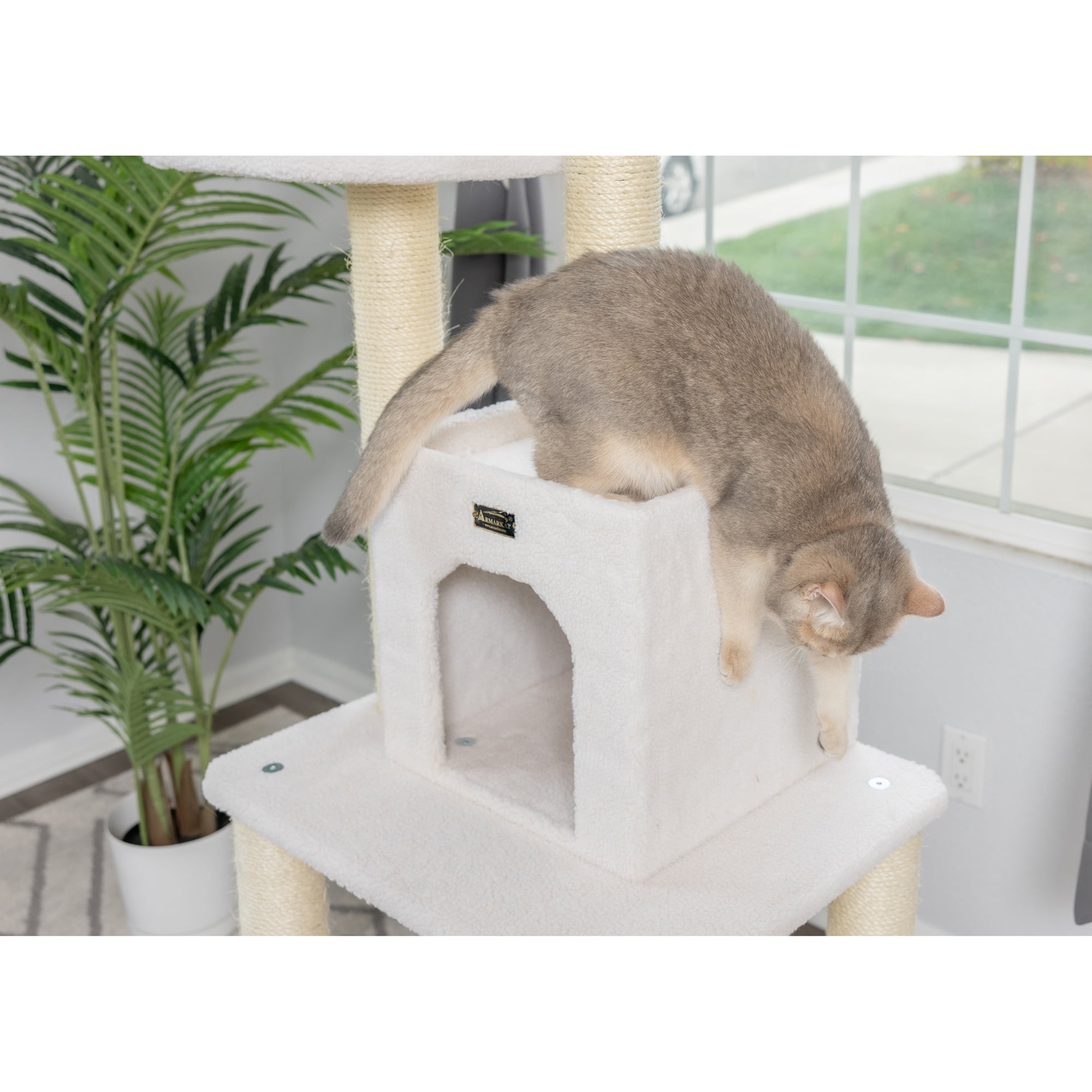 Armarkat 62-in Real Wood Cat Tree & Condo Scratching Post Tower, Ivory