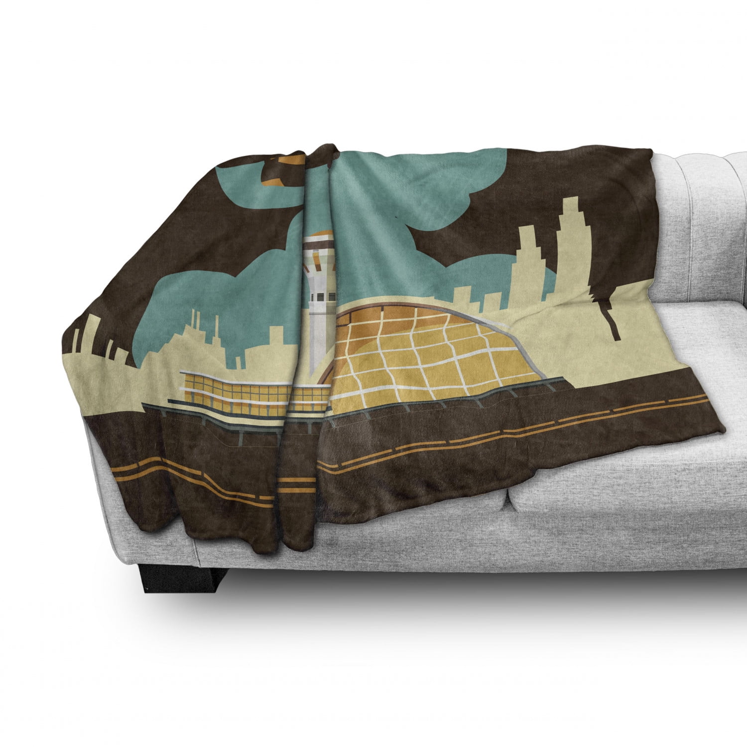 Cozy Plush for Indoor and Outdoor Use 50 x 60 Ambesonne Airport Soft Flannel Fleece Throw Blanket Retro Style Image Airfield Plane and Cityscape Dark Brown Cadet Blue 
