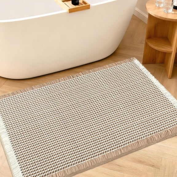 RLESO Waffle Bath Mat,24"X17" Brown & Cream,Super Absorbent Non-Slip Quick Dry Bathroom Rugs with Tassels,Machine Washable Ultra Soft Boho Bath Rugs for Floor,Toilet Mats Boho Farmhouse Decor
