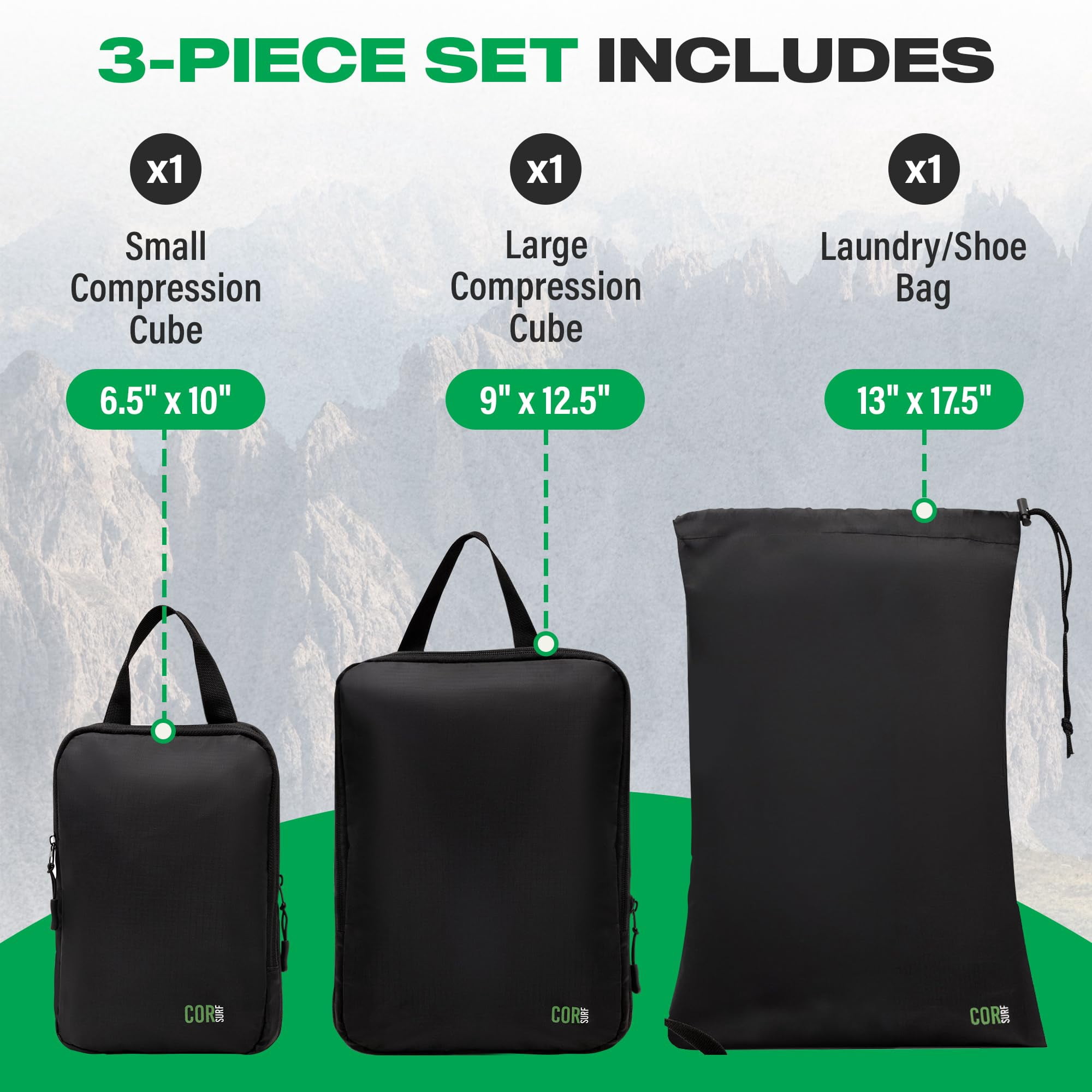 Travel Gift Box Set: Includes COR Surf Premium Toiletry Travel Bag, Compression Packing Cube Set and our Premium Compact and Quick Dry Travel Beach Towel (Kailua)
