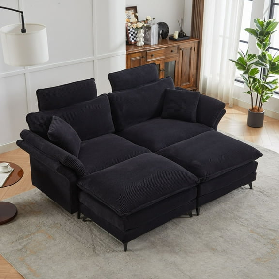 85.8" Deep Seat Sectional Sofa with Ottomans, Modern Cloud Loveseat Sofa in Corduroy Upholstery, Comfortable L-Shaped Couch for Living Room/Apartment/Office (Black)
