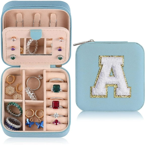 Graduation Gifts For Her - Trendy Travel Jewelry Case, Personalized Gifts - Sky Blue Travel Jewelry Box | Birthday Gifts For Women Mothers Day Gifts For Women - Letter A, Sky Blue[Z1]