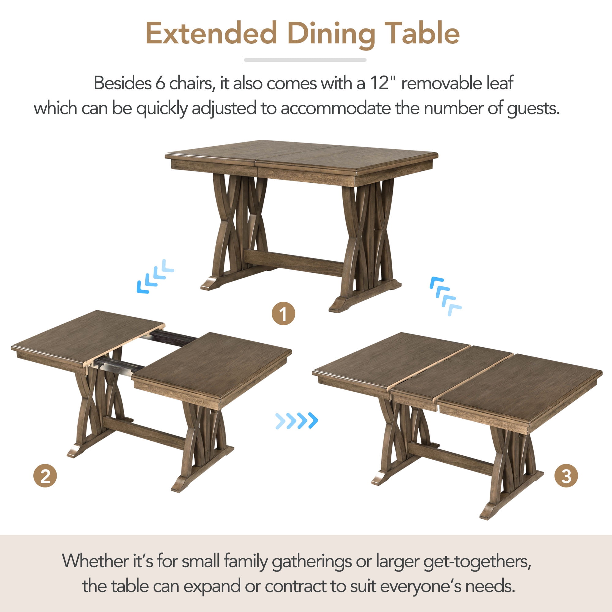 Harper & Bright Designs 7 Pieces Extendable Dining Table Set for 6, Farmhouse Kitchen Table Set with 6 Upholstered Chairs for Dining Room, Gray