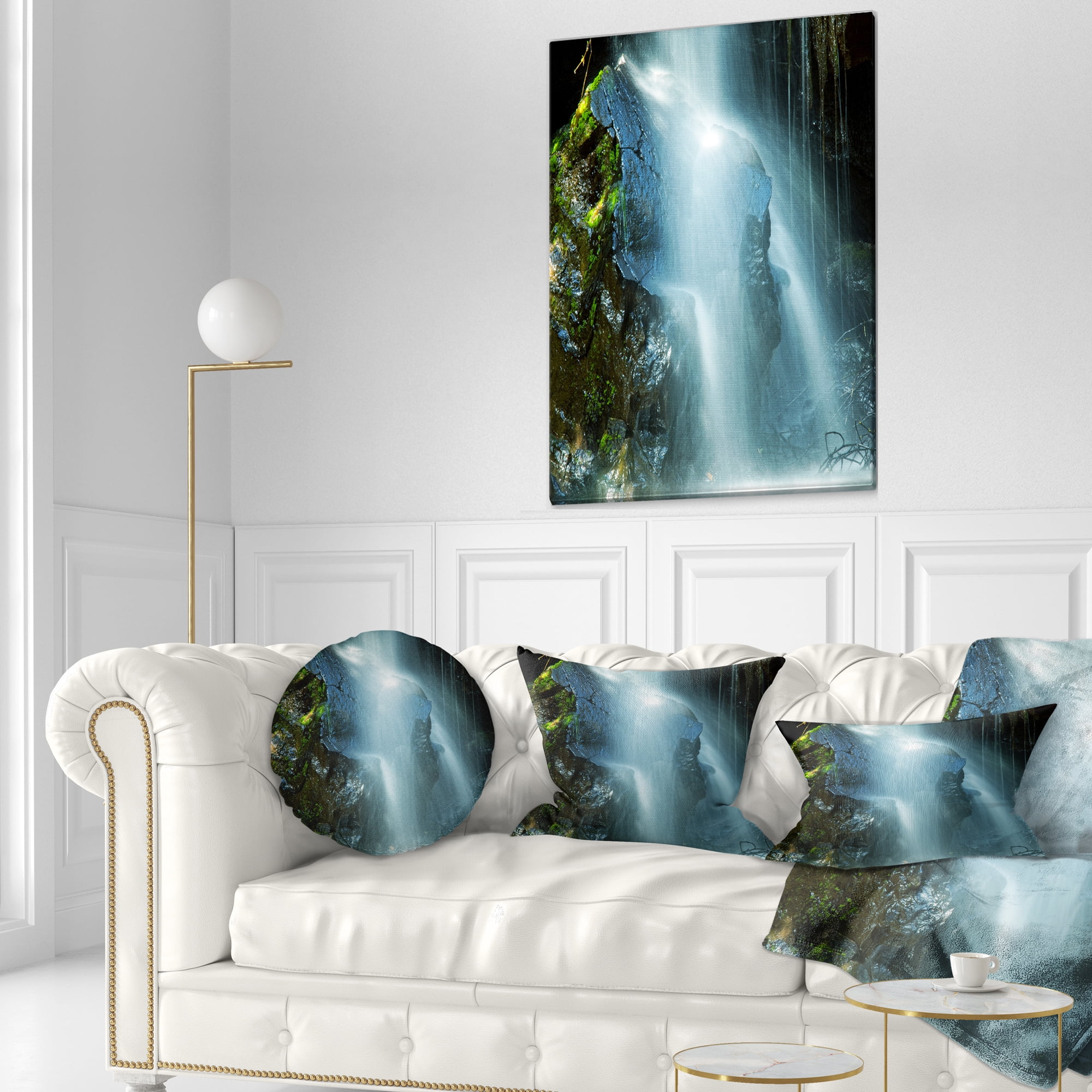 Designart Amazing White Water Cascade - Landscape Printed Throw Pillow - 12x20