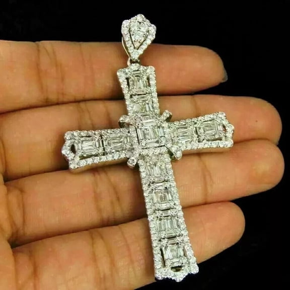 beryl_creation 2.50 Ct Baguette Cut Cz Diamond Large Cross Pendant for Man's 14K White Gold Over Sil