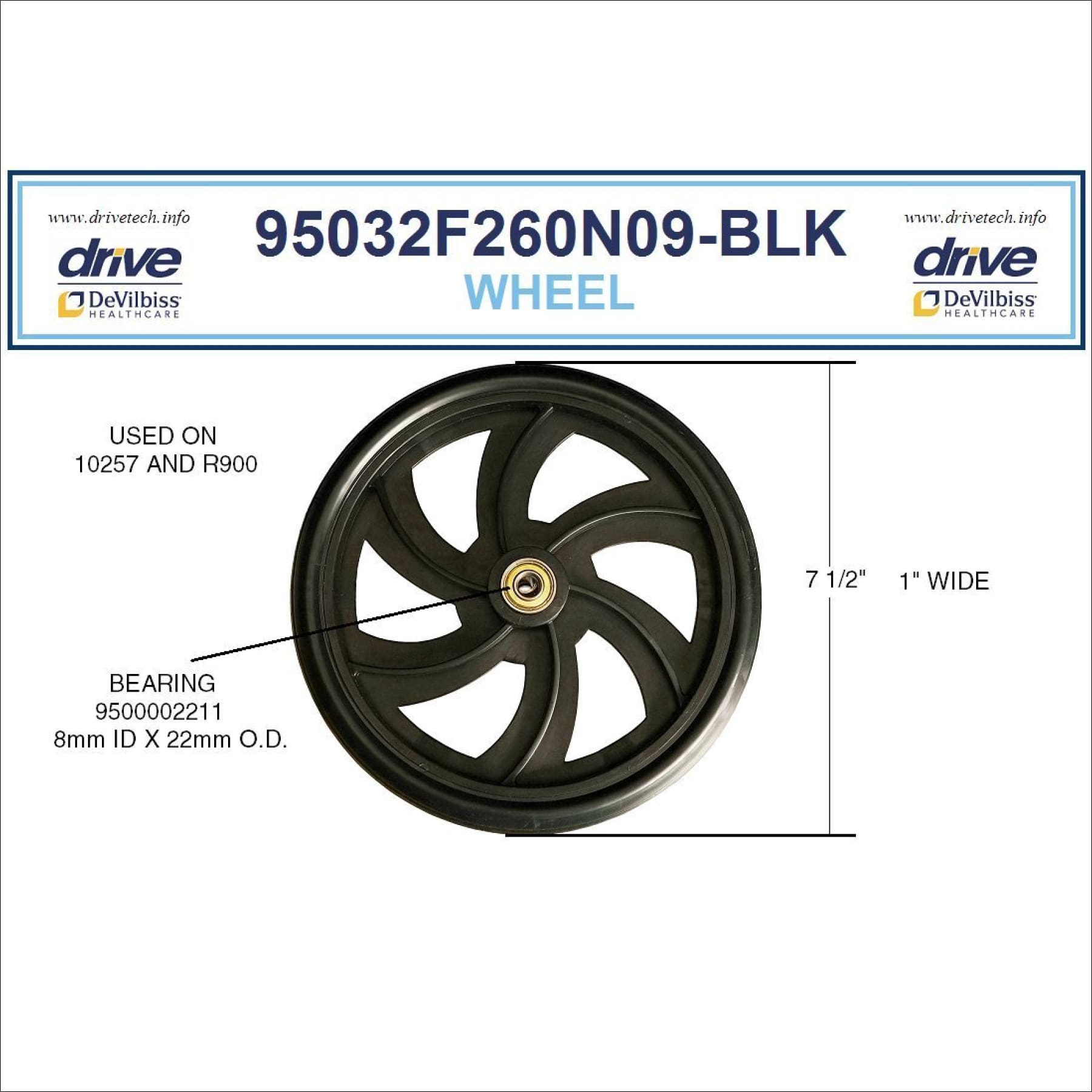 Drive Replacement Wheel for Rollator Model 10257 (Wheel Black 7.5
