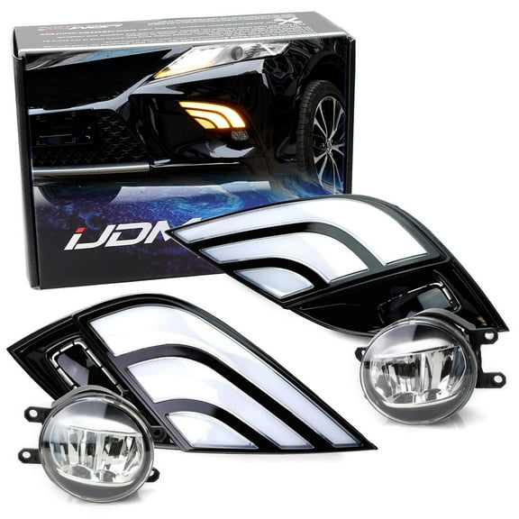 OEM-Spec Xenon White 15W High Power LED Fog Light Kit w/White/Amber Switchback LED Daytime Running Light Bezels For 2018-2020 Pre-LCI Toyota Camry SE XSE Trims