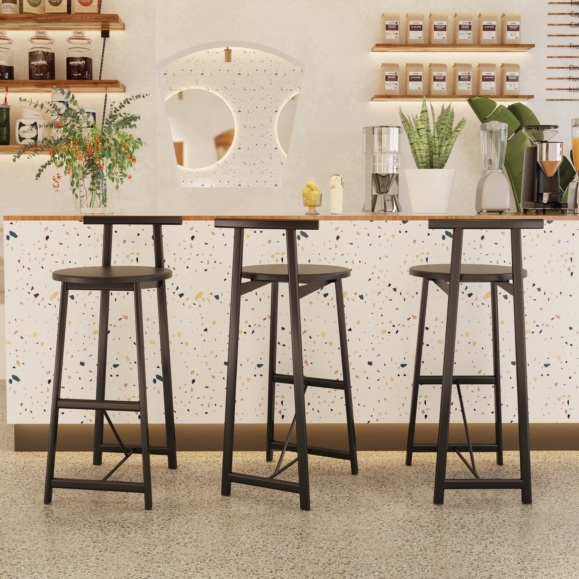 Wooden Round Bar Stools Set of 3 with Footrest 27 Inch Counter Height MDF Seat and Black Metal Frame for Kitchen Island Dining