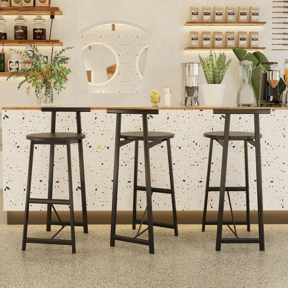 27" 3-Piece Wood Bar Stool Set w/Footrest, Black Round Kitchen Counter Stools