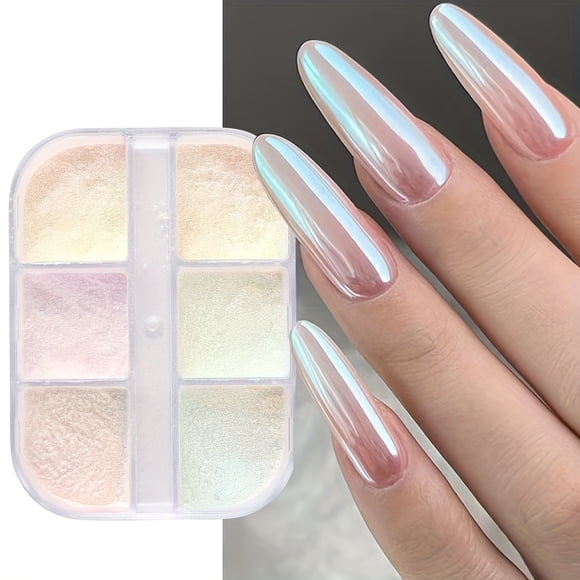 Nail Art Glitters 6 Colors Chrome Nail Powder Metallic Mirror Effect Aurora Magic White Pearl Chrome Nails Powder For Nail Art Gel Polish Holographic Nail Art Glitters