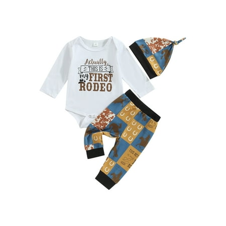 

Qtinghua Western Newborn Baby Boy Clothes Long Sleeve Letter Print Romper+Cow Print Pants+Hat 3Pcs Set White 0-3 Months