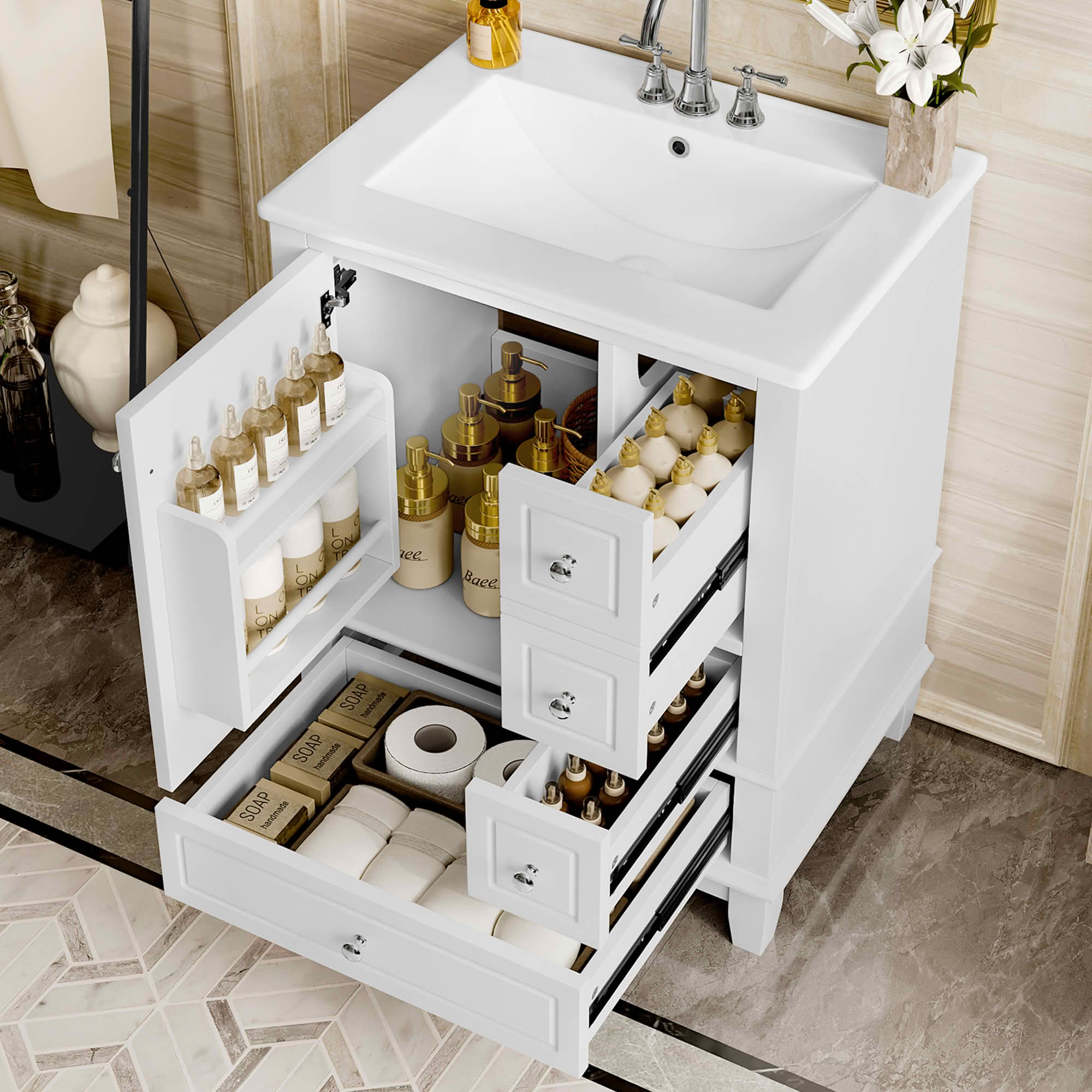 MAYEERTY 24" Bathroom Vanity with Sink Drawers, Freestanding Cabinet Ceramic Top Storage Shelves MDF Solid Wood Base, Modern Small Bathrooms, White