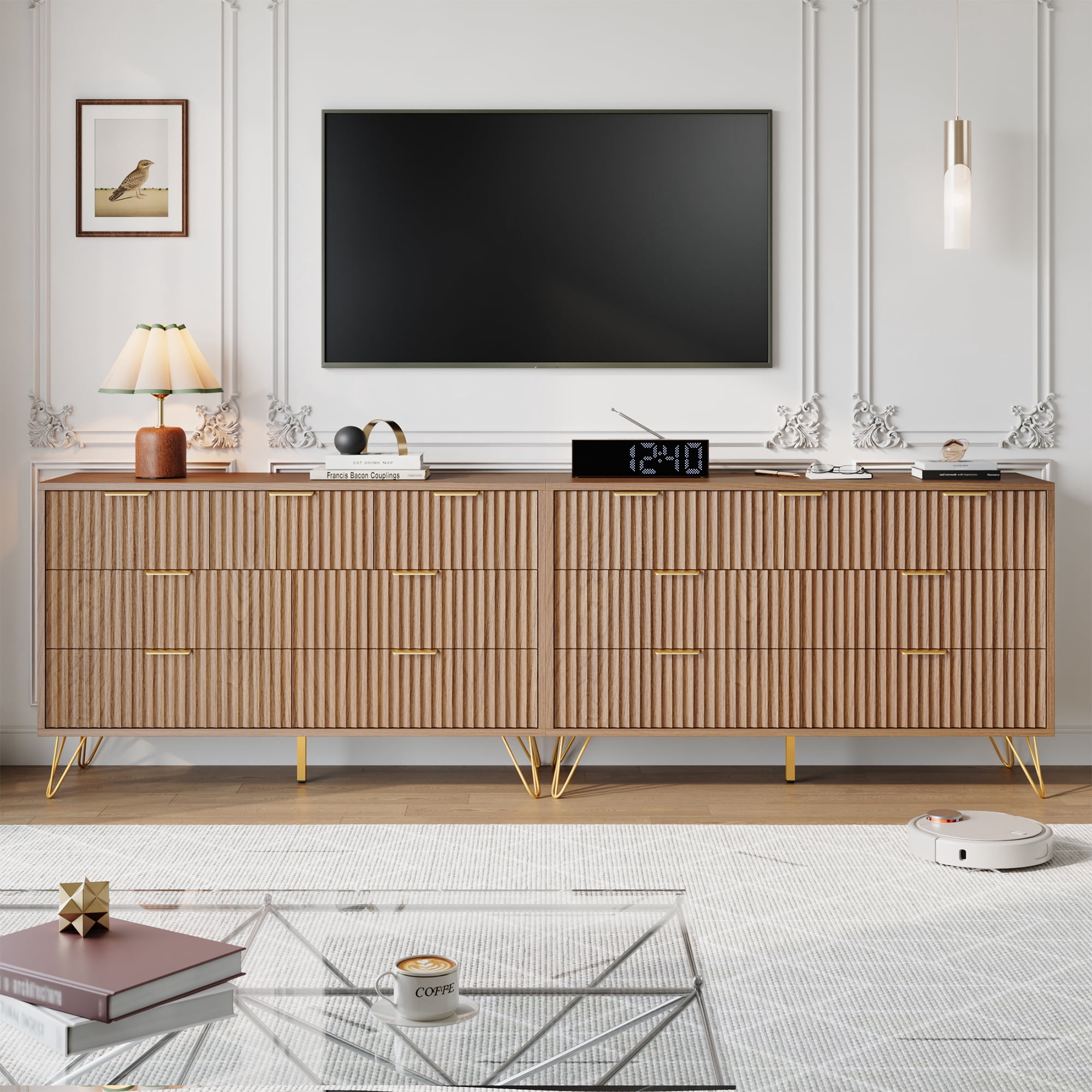 YouTrend 7 Drawer Dresser with Fluted Wood and Metal Handles Legs for Bedroom Living Room Hallway