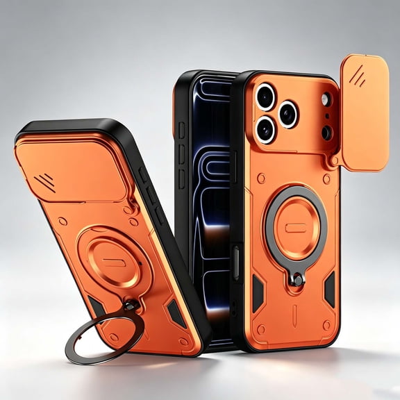 For iPhone 17 Pro Rugged Phone Case,360°Rotatable Ring Kickstand,Heavy Duty Shockproof Drop Protection,With Sliding Camera Cover,Non-Slip Anti-Scratch Durable Phone Case Cover,Orange