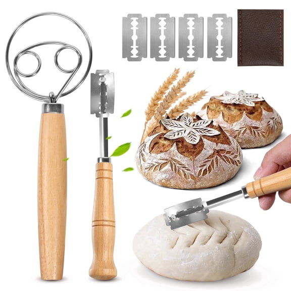 Gimgong Brown Danish Dough Whisk & Bread Lame Set, Wooden Handle Dough Whisk Mixer and Bread Scoring Tool