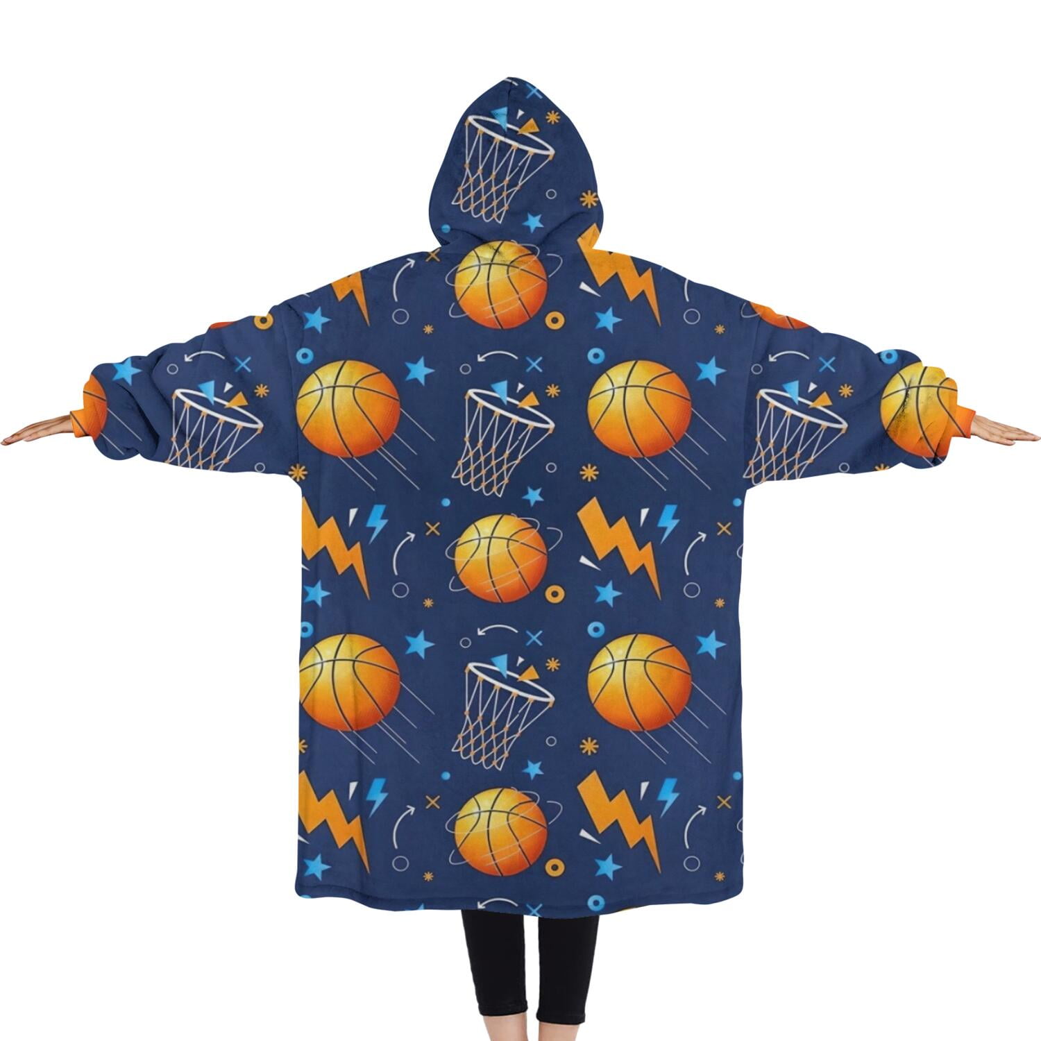 Oversized Wearable Blanket Hoodie,Basketball Theme Pattern Sherpa Blanket Hoodie with Super Pockets,Super Warm Fuzzy Pullover for Women & Men