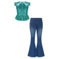 thumbnail image 2 of inlzdz Girls Flare Outfits Sparkle Ruffle Sleeve Dance Crop Top with Flared Jeans Denim Pants Set Lake Green 16, 2 of 6