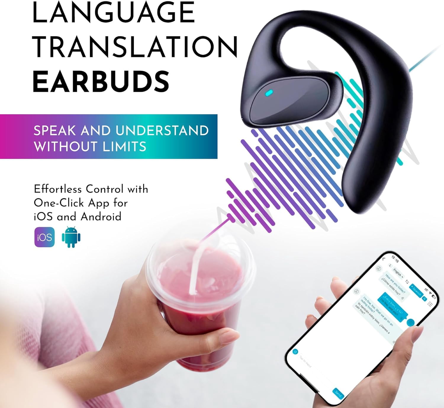 2026 Translation Earbuds Real Time - All Language Translator Headphone Translating Earpiece Device - Wireless Bluetooth Ear Bud Offline Live Translate Earphone Interpreter Open Earpod (Black)