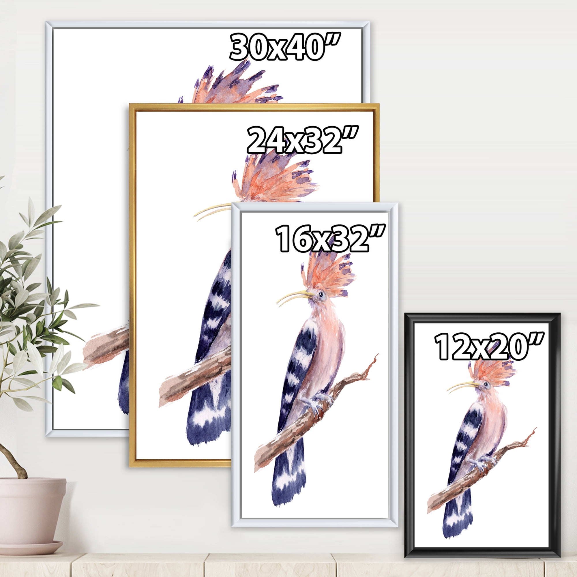 Designart 'Ancient Hoopoe Bird On A Branch' Traditional Framed Canvas Wall Art Print