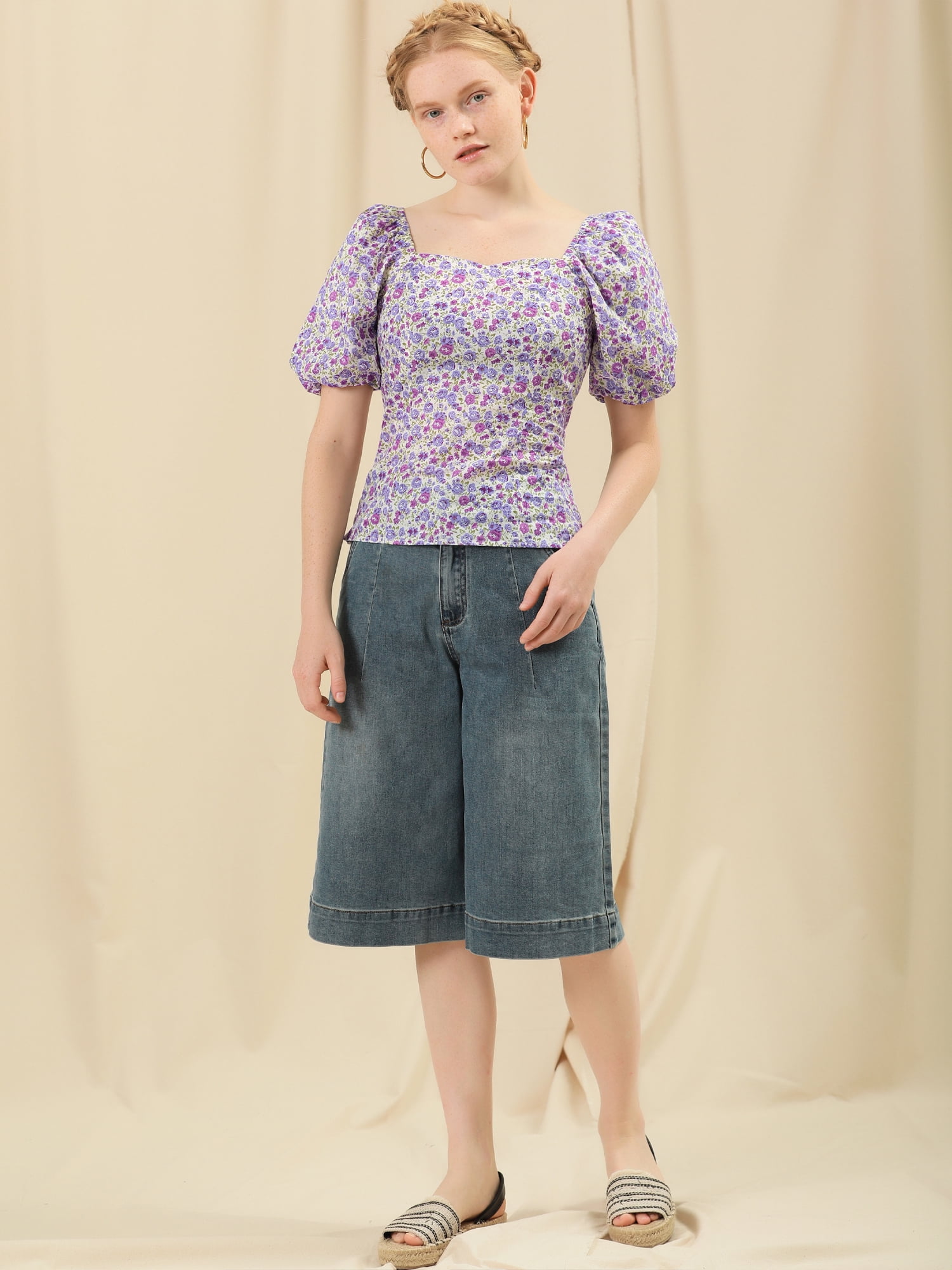 DARING DIVA Puff Sleeve Sweetheart Neck Smocked Floral Top M Purple