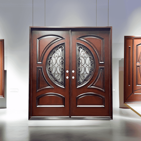 72" x 80" Environment Damage Resistant Polyurethane Composite Exterior Entry House Front Door, Openable Tempered Rain Glass Window, Right-Hand Double Door Inward Swing Dark Walnut AR05