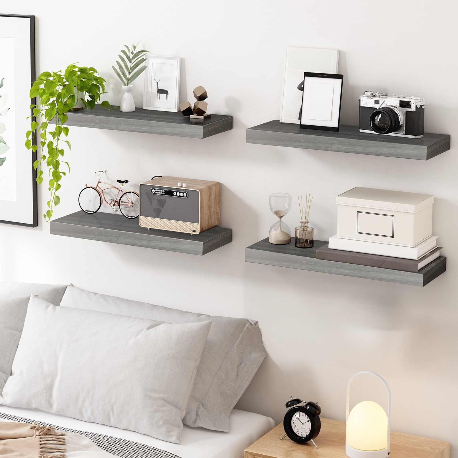 Fairy 15.8in Floating Shelves, Wall Shelves Set of 4, Shelves for Wall Decor, with Invisible Brackets, 15.8x1.2x5.5, Gray