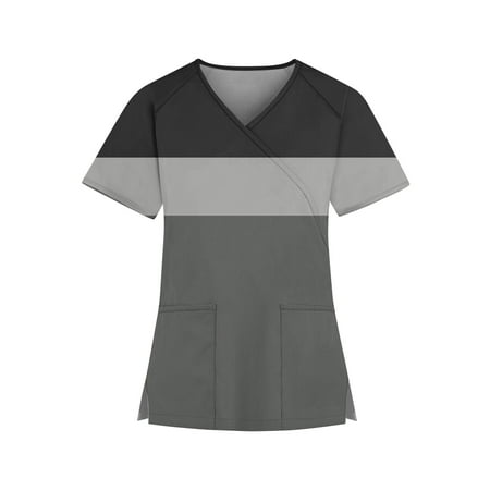 

Qcmgmg Scrub Tops for Women Plus Size Mock Wrap V Neck Striped Color Block Scrubs Women Nursing Uniform Workwear Short Sleeve Medical Womens Scrub Tops Plus Size with Two Pockets Black 4XL