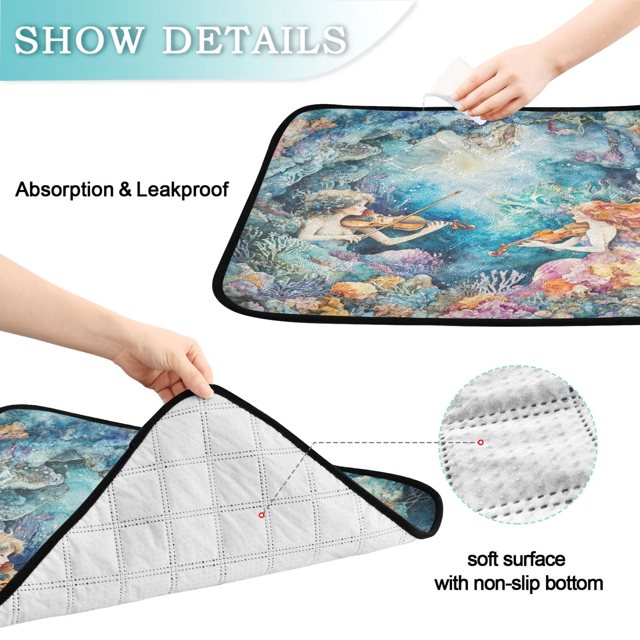 Qxltty The Mermaid Plays Music Cat litter Pads Pet Set of 3 Diaper Mats Center Anti-leakage Layer Absorbent Soft and Comfortable