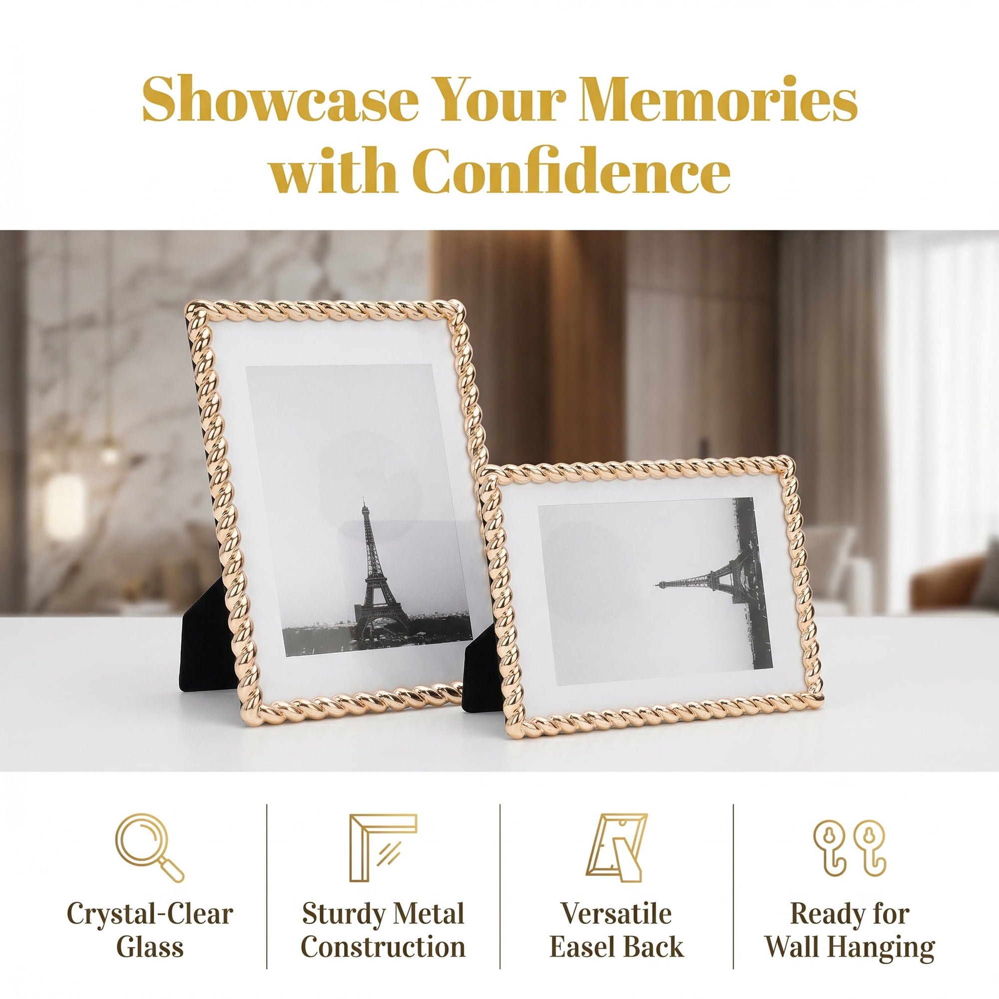 Unique Bargains Threaded Metal Premium Ribbed Photo Frame with HD Glass Gold 5" x 7"