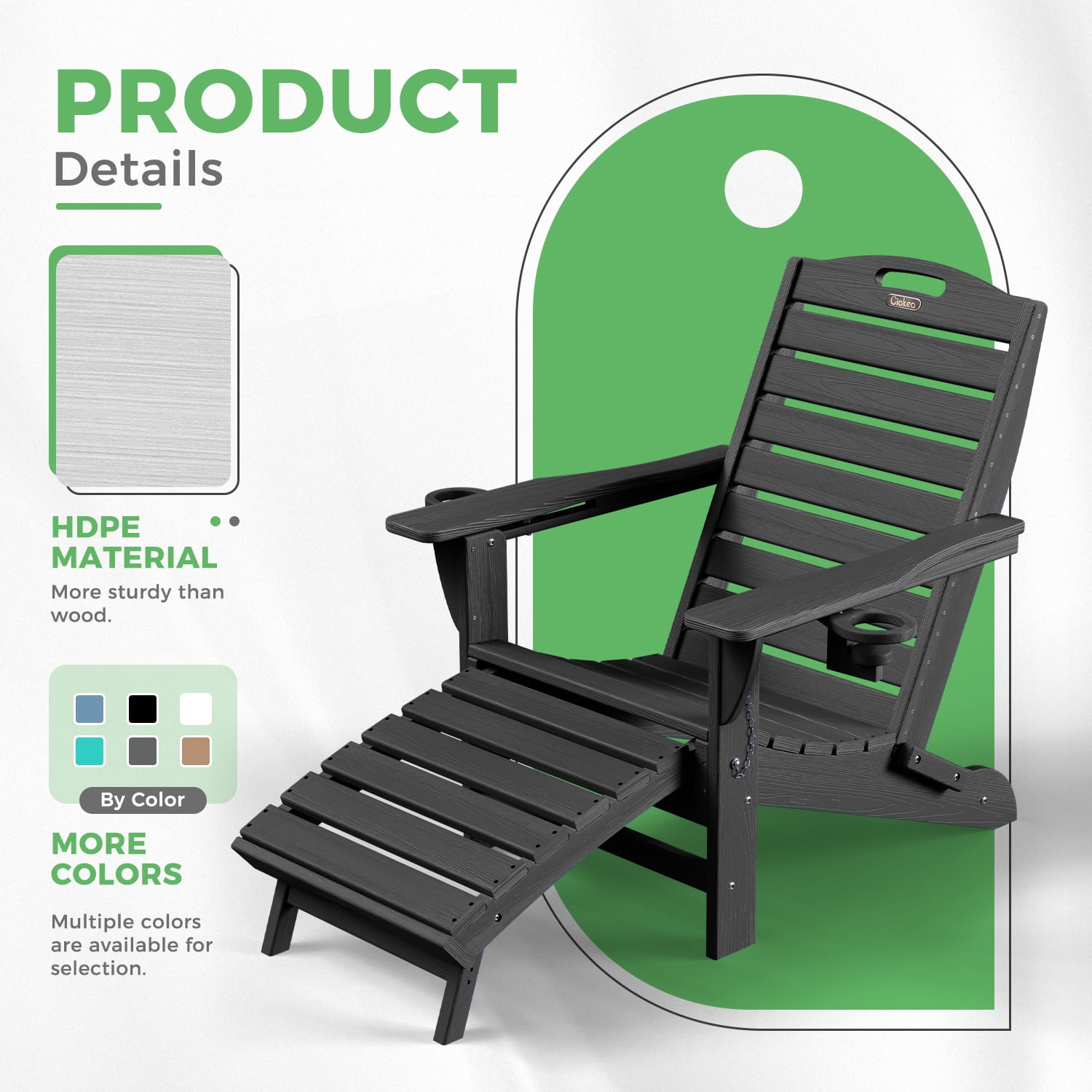 Ciokea Folding Adirondack Chair with Ottoman Set of 2 HDPE Outdoor Chair Pull Out Footrest 2 Cup Holders Patio Garden Black