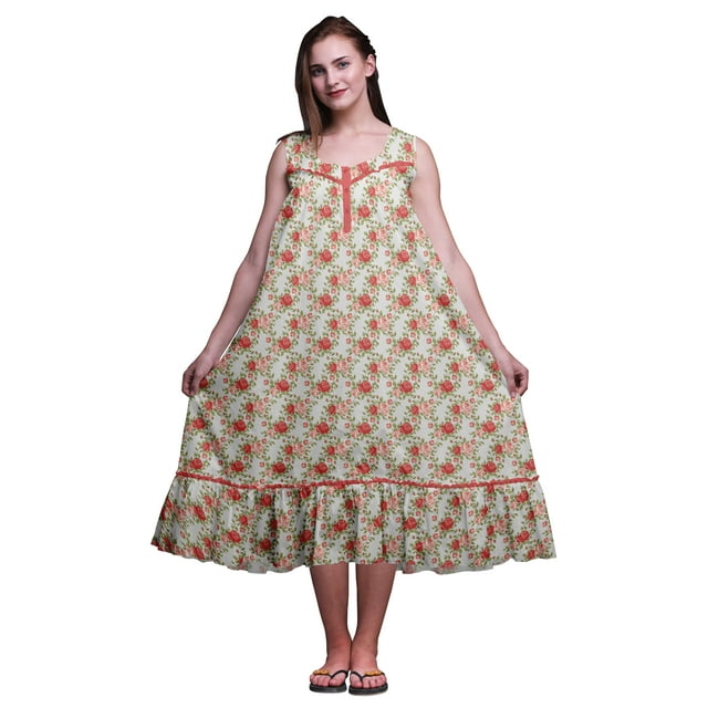 Bimba Chemises de Nuit en Coton Imprimé Pêche Foncée Feuilles Florales et Roses pour Femmes Robe Sans Manches Tenue de Nuit Robe Maxi Très Grande