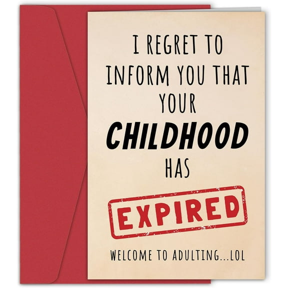 Humorous Adulting Card - "Your Childhood Has Expired" Greeting Card – Perfect for Birthdays, Milestones, and Laughs – Comes with Envelope