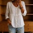 thumbnail image 4 of Jkung Women Shirt V-Neck Long Sleeve Buttons Placket Shirt Tops A-Line Silhouette Short Front Long Back Hem Casual Shirt, 4 of 6