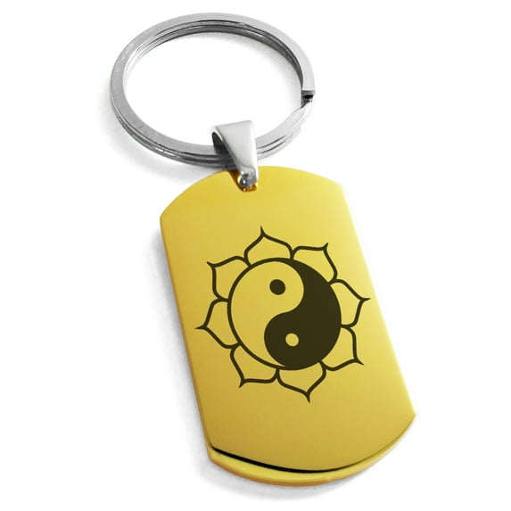 Stainless Steel Sacred Lotus Yin Yang Engraved Dog Tag Keychain Keyring