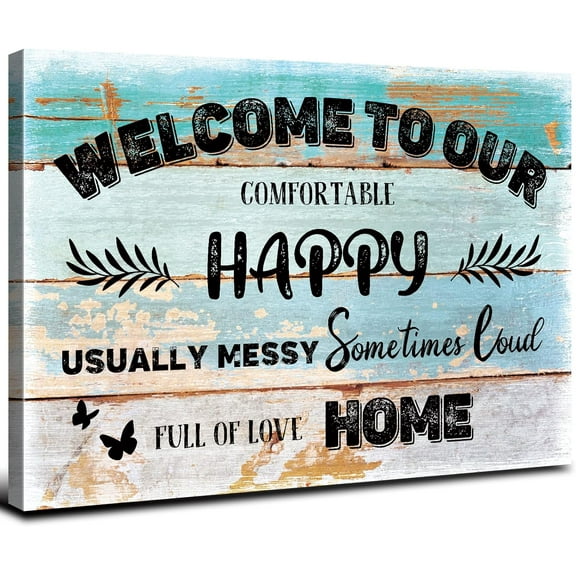 Teal Welcome Wall Decor for Entryway Rustic Farmhouse Welcome to Our Home Wall Art Front Door Sign Canvas Pictures Living Room Inspirational Quotes Prints Painting Artwork Foyer Home Decoration 12x16”