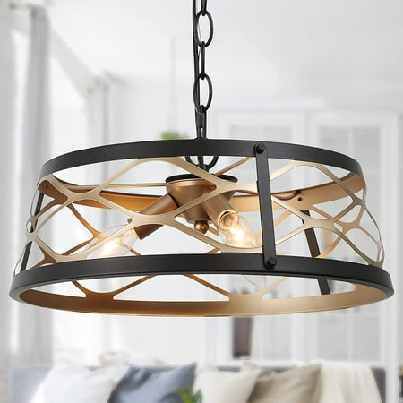 

Modern Drum Chandelier Black and Gold Grid Drum Pendant Light Fixture 3 Lights Metal Chandelier with Shade for Dining Room Bedroom Foyer Living Room and Kitchen Island Dia 15.5