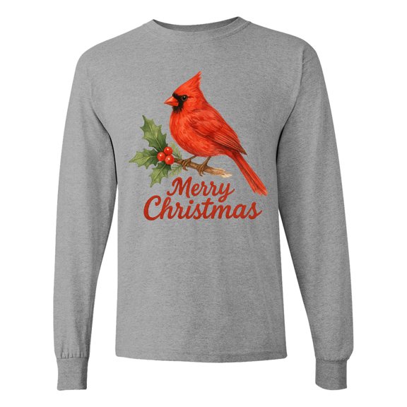 Inktastic Merry Christmas Cardinal with Holly Long Sleeve T-Shirt