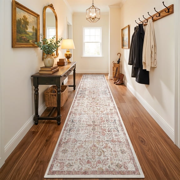Hallway Washable Runner Rug - 2'6x12 Kitchen Rugs Entryway Rug Runner Non Slip Indoor Farmhouse Carpet for Living Room Bedroom Bathroom Vintage Floor Decoration Mat (2'6''x12', Maroon)