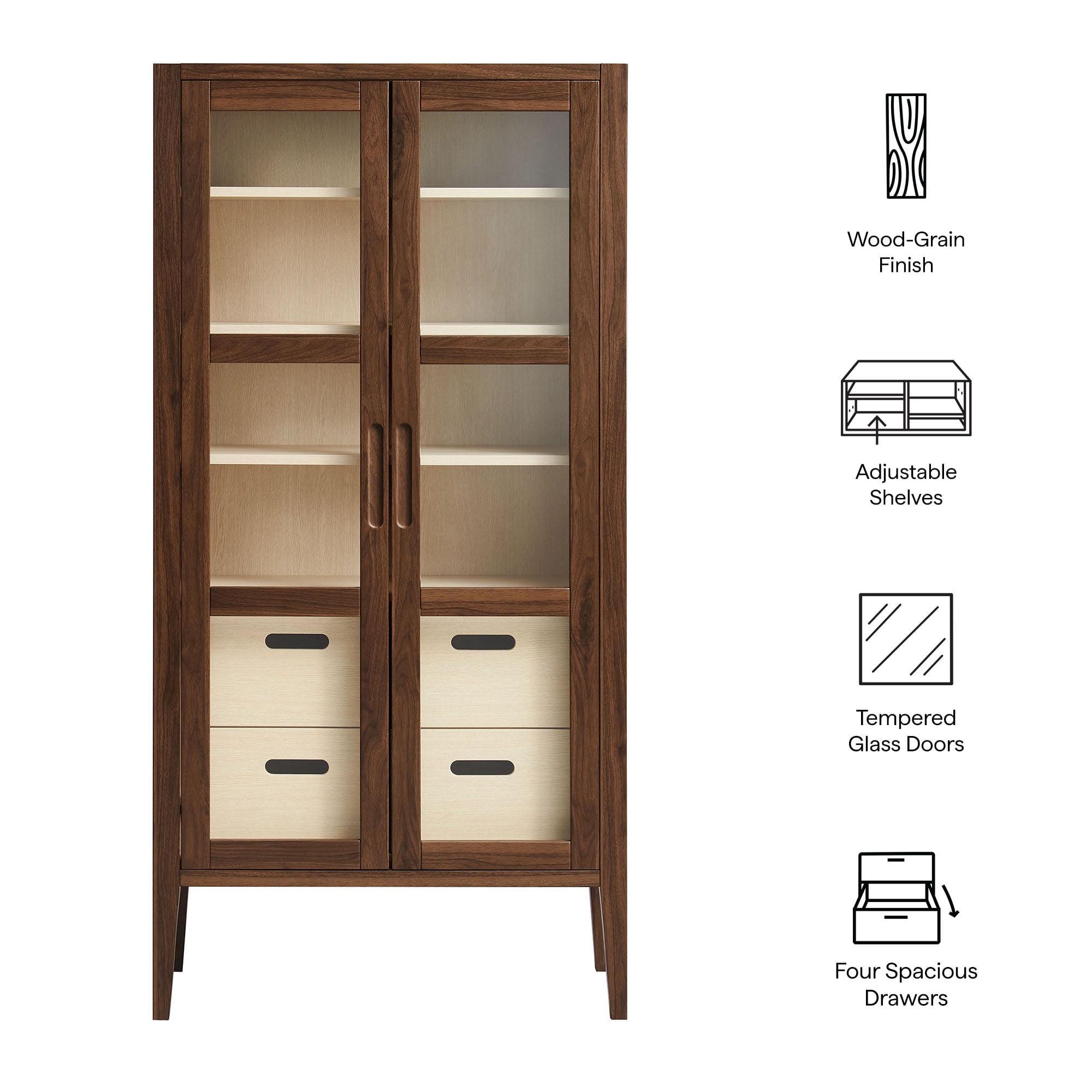 Modway Nell 71" Glass Door Tall Display Storage Cabinet in Walnut